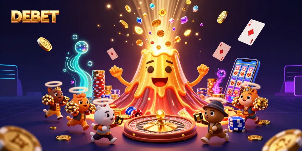 Engage in thrilling casino adventures with DEBET as golden treasures erupt and scatter in this vibrant illustration.