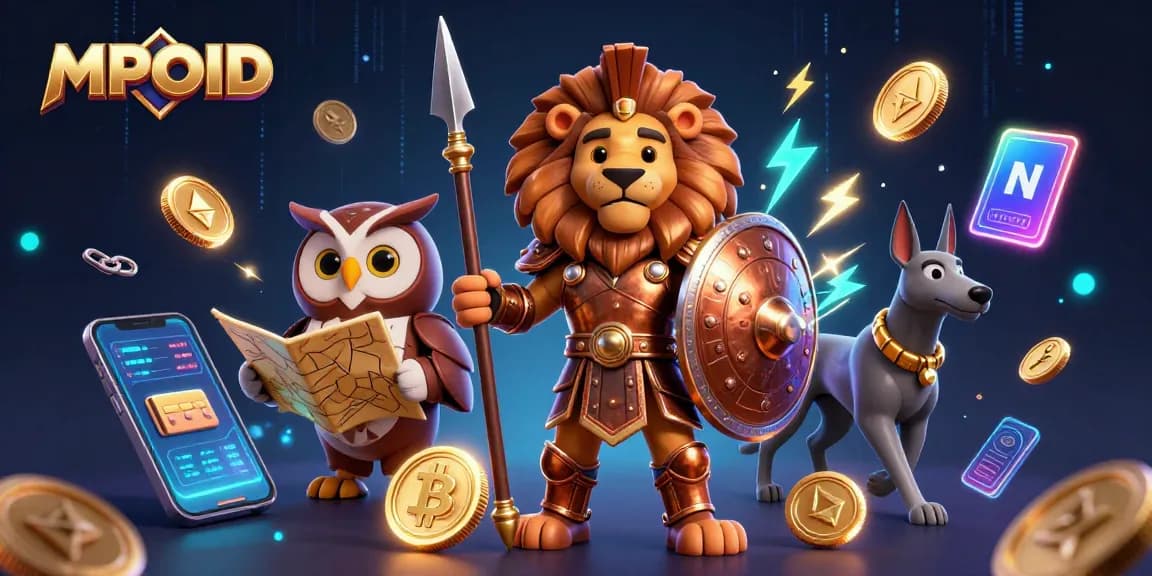 Engage with MPOID through an ultra-detailed 3D scene featuring casino elements and crypto motifs.