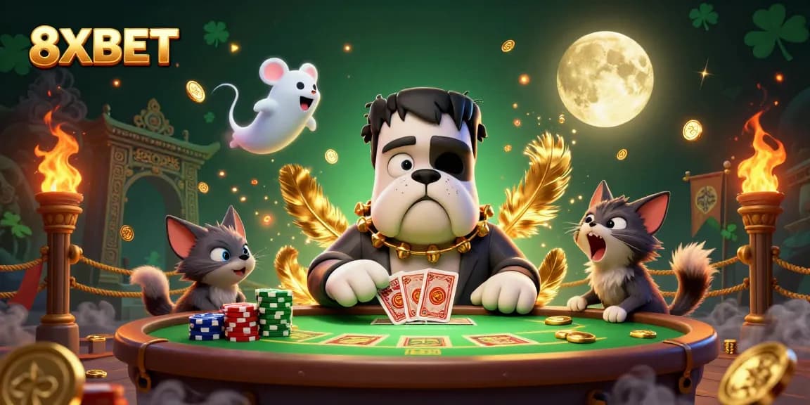 8XBET delivers exciting card games with a 3D Frankenstein bulldog dealing at a haunted table.