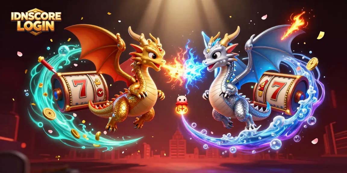 IDNSCORE LOGIN unique casino experience showcasing fierce dragon opponents amidst slot reels and vibrant fireworks
