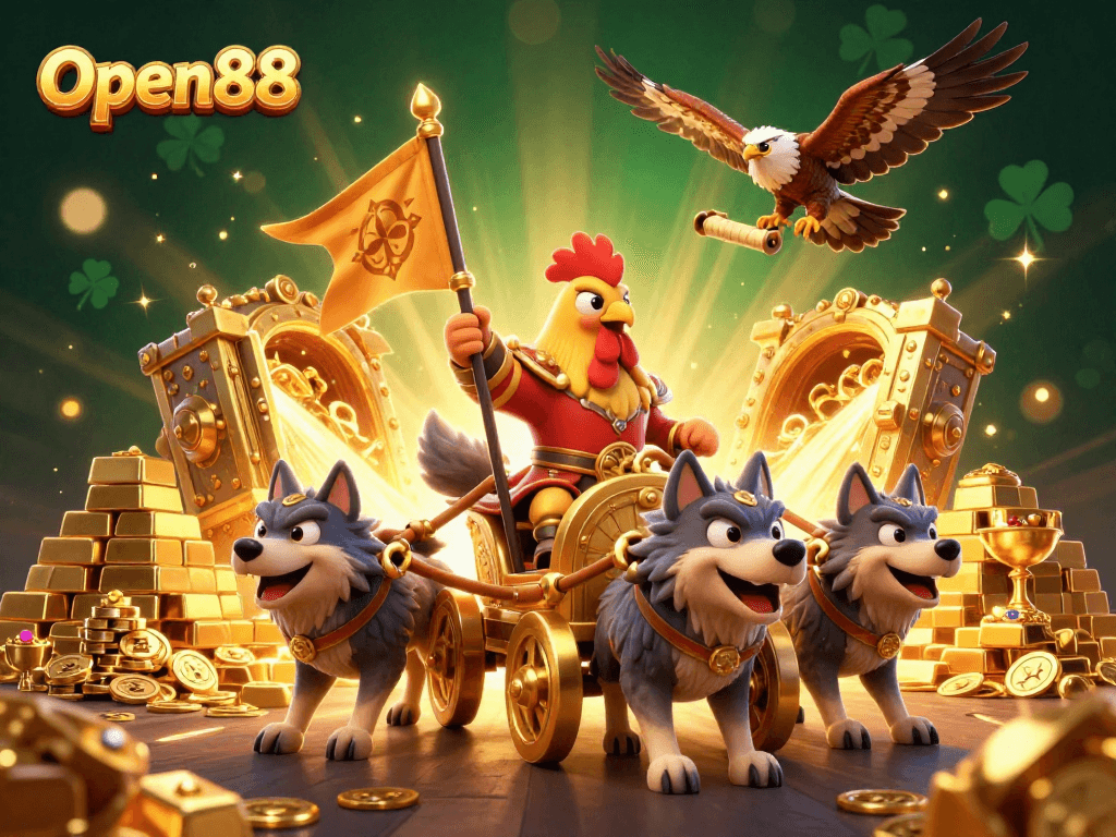 Open88 offers thrilling gaming experiences, featuring a rooster warlord and treasures in a dynamic casino scene.
