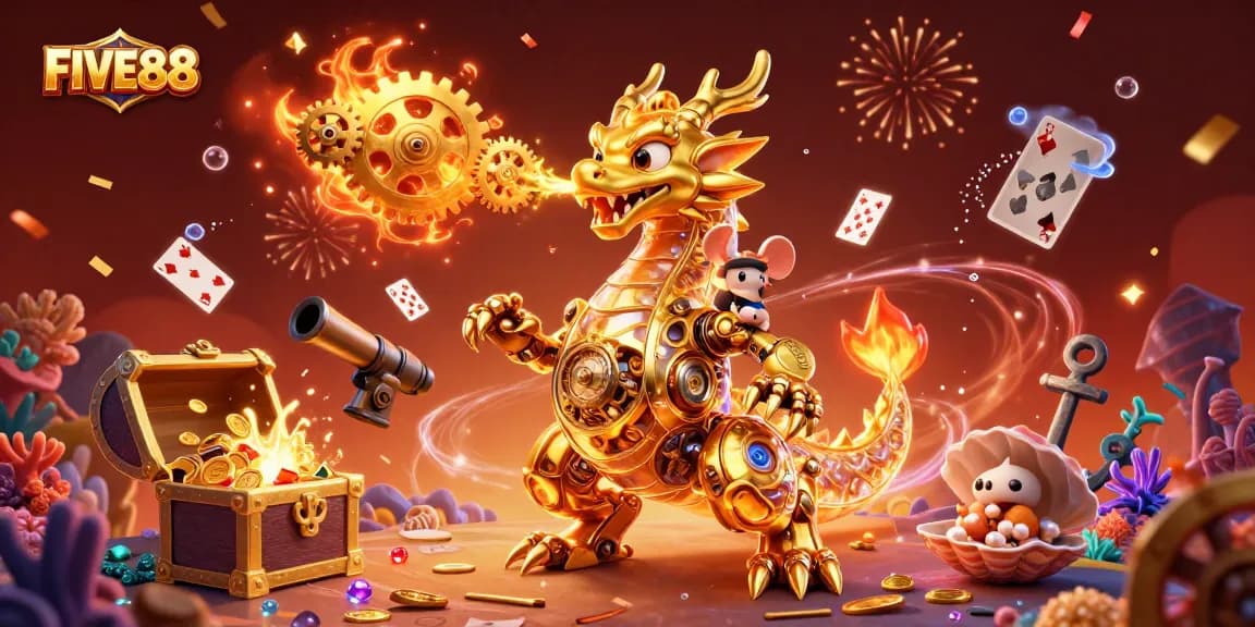 Experience thrilling gameplay with FIVE88's golden dragon and treasure-filled casino adventure.