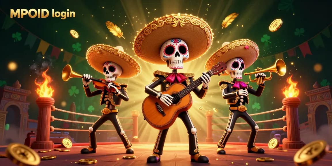 Experience seamless MPOID login with a vibrant 3D illustration showcasing lively mariachi characters amidst a colorful casino atmosphere.