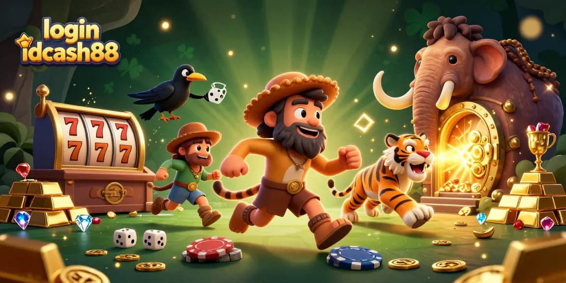 Join the excitement with login idcash88 at an adventurous prehistoric casino, featuring cavemen and a tiger.