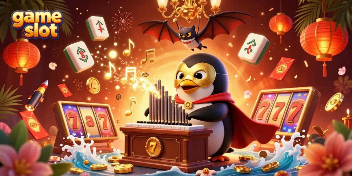 Experience the thrill of game slot action with our vibrant 3D casino illustration featuring an enchanting penguin and gold coins.