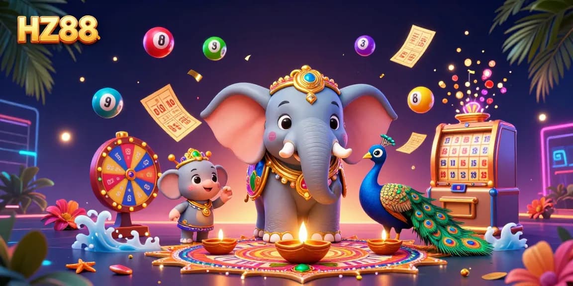 Engage with dynamic lottery games at HZ88 featuring vibrant scenes of betting activity and colorful prizes.