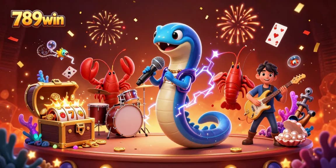 Experience the energetic performance at 789win's underwater casino with electric eel DJ and vibrant treasures.