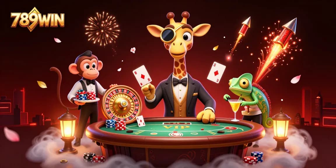 Experience the excitement of 789WIN with a vibrant casino scene featuring a high-roller giraffe and a monkey valet.
