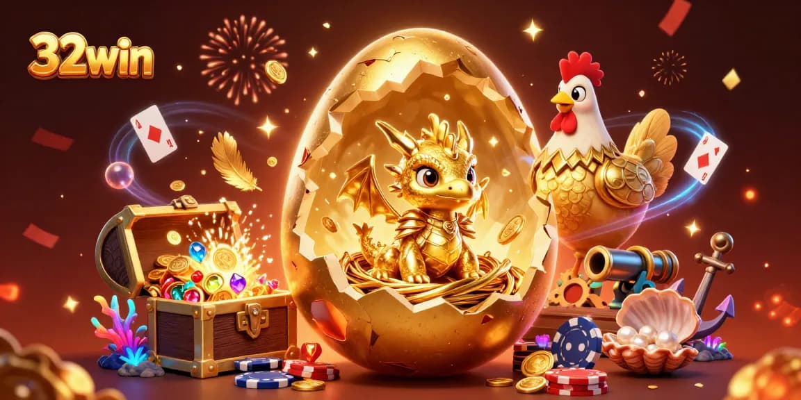 Bet on your luck at 32win with a magical scene featuring a golden dragon and poker chips.