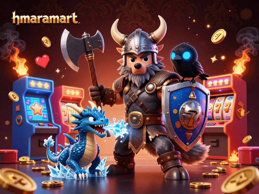 Experience thrilling casino action with hmaramart's engaging Viking-themed illustration featuring a brave wolf warrior and enchanting dragon.