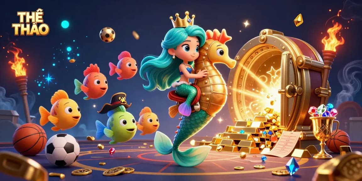 Engage with THỂ THAO through an exciting 3D illustration of a betting mermaid princess.