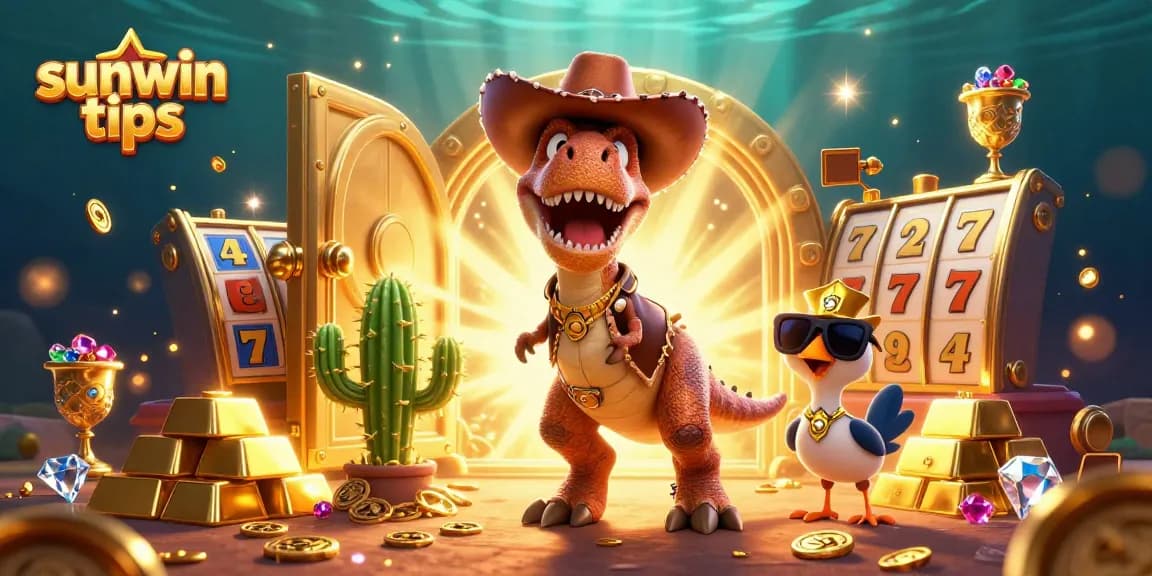 Engage with sunwin tips in this vibrant casino scene featuring dynamic characters and gold treasures.