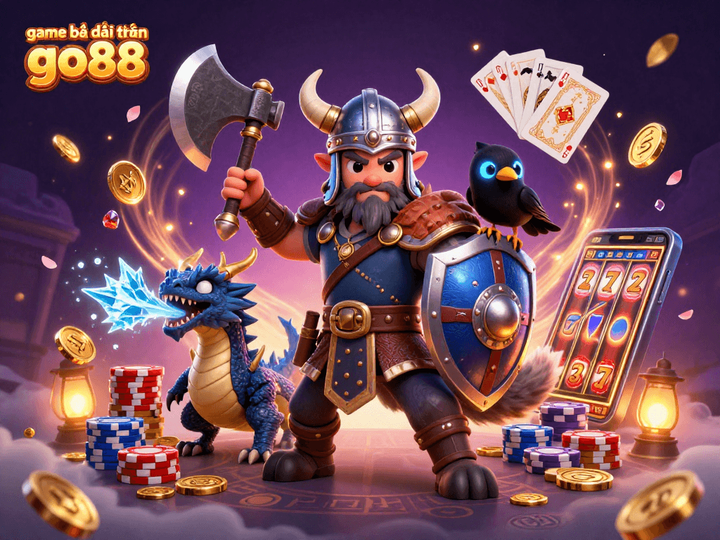 Play thrilling games with game bài đổi thưởng go88, featuring a Viking wolf, dragon, and sparkling casino elements.