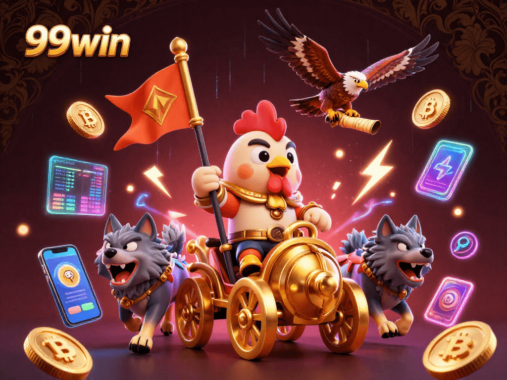 Experience thrilling gameplay at 99win with epic battles and electrifying wins in this dynamic casino illustration.