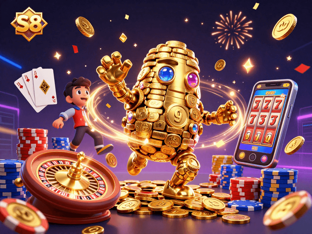 Experience the thrilling world of S8 with a stunning 3D illustration of dynamic casino elements and a golden golem!