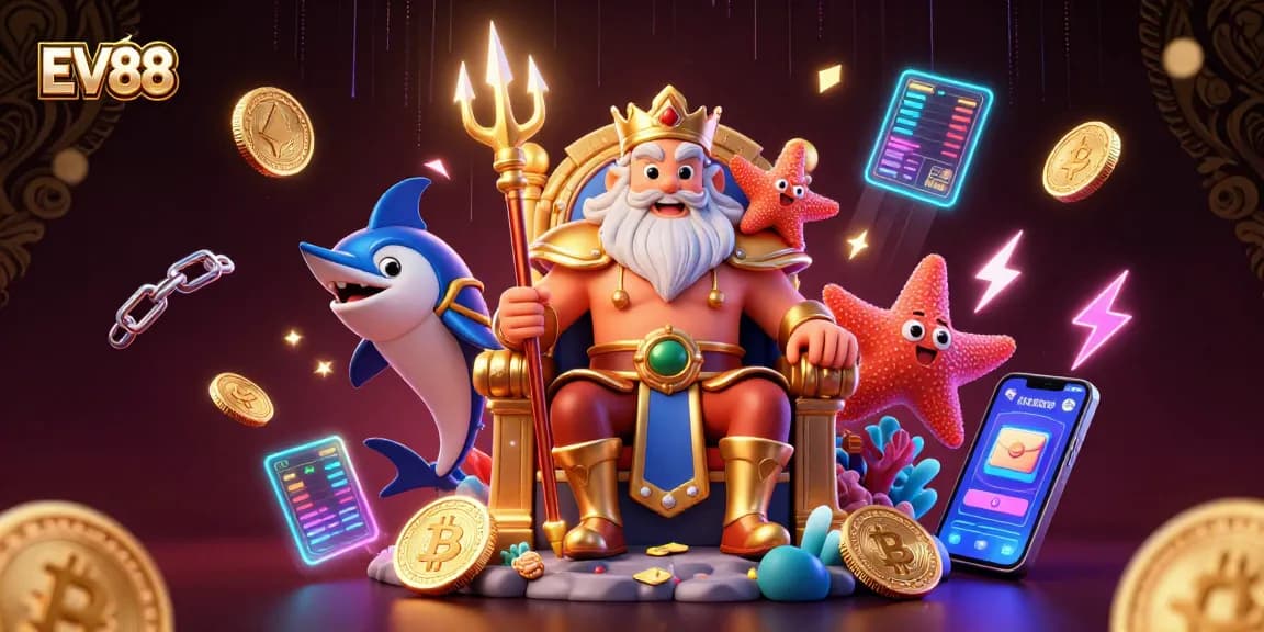 Engage with EV88's vibrant online casino scene featuring Neptune and crypto-themed elements.