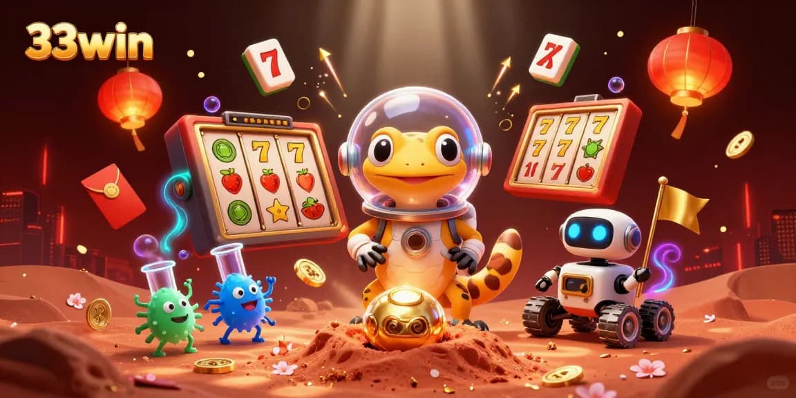 Engage with the excitement of 33win in this vibrant 3D illustration of a Martian casino discovery.