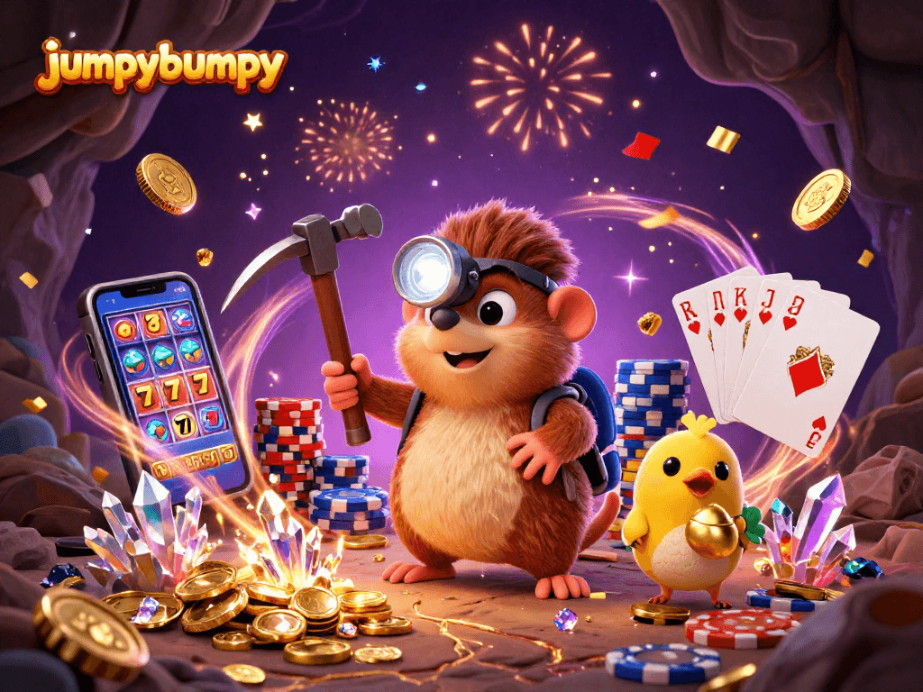 Experience the excitement of jumpybumpy with a treasure hunter mole and canary, surrounded by casino splendor.