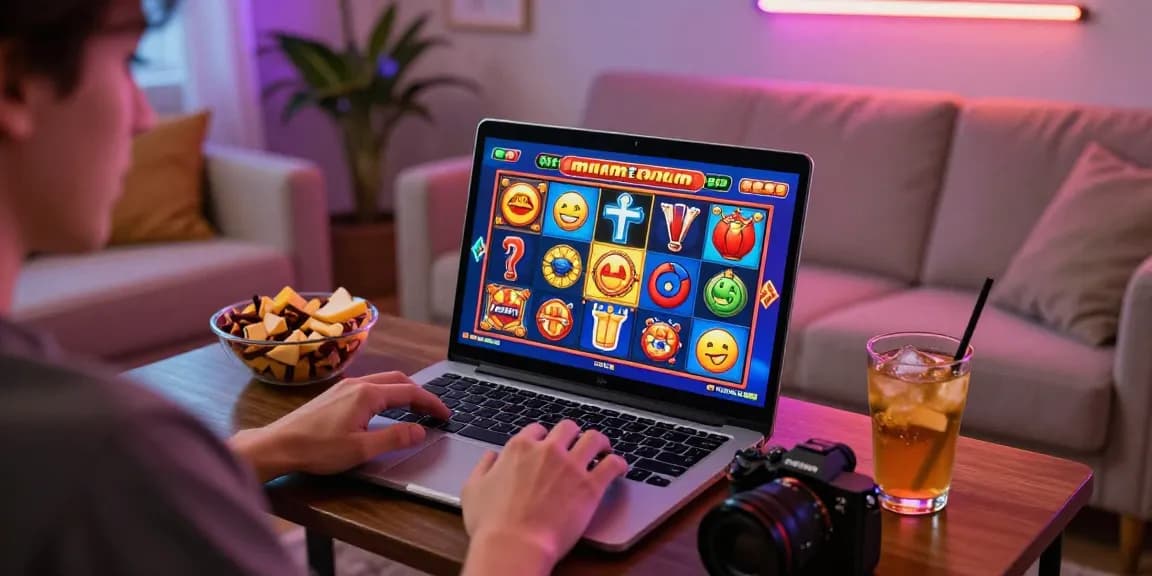 ภาพการเล่นเกมสล็อตออนไลน์ สล็อตทรู ที่บ้านในบรรยากาศสนุกสนาน พร้อมกราฟิกแจ่มใส และการตกแต่งที่น่าตื่นเต้น
