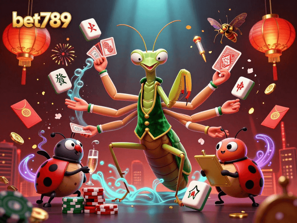 Engage in the thrill of bet789, where a giant mantis card sharp and a ladybug pit boss create a captivating casino atmosphere.