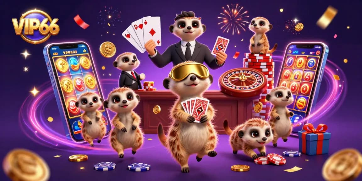 Experience the thrill of VIP66 with meerkats managing a lively casino scene.