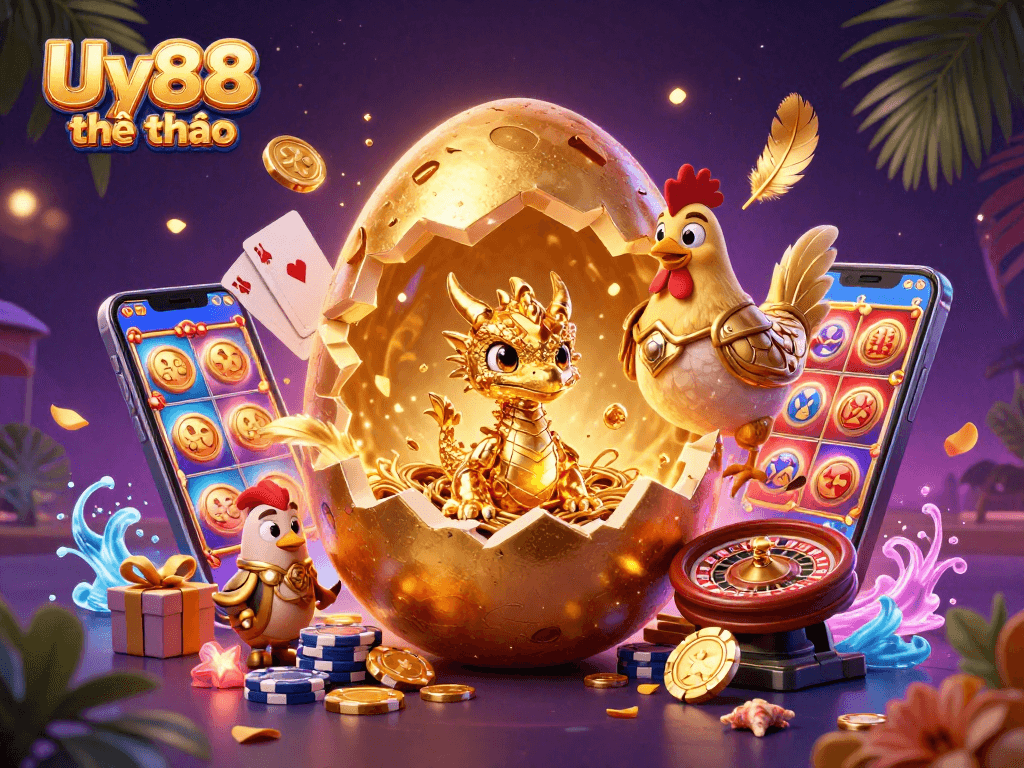 Experience the excitement of Uy88 thể thao with a golden dragon guarding poker chips amidst vibrant casino elements.