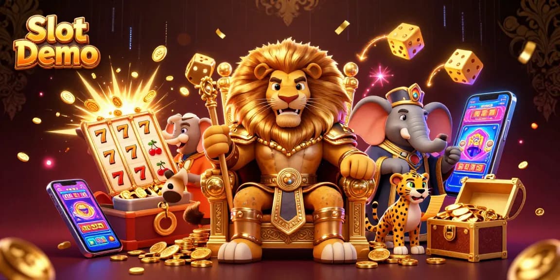 Experience thrilling Slot Demo adventures with a lion king throne, vibrant symbols, and explosive jackpots!