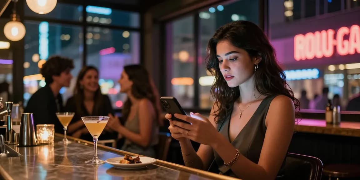 Gái gọi trong một quán bar sang trọng, ánh đèn neon sáng lung linh.