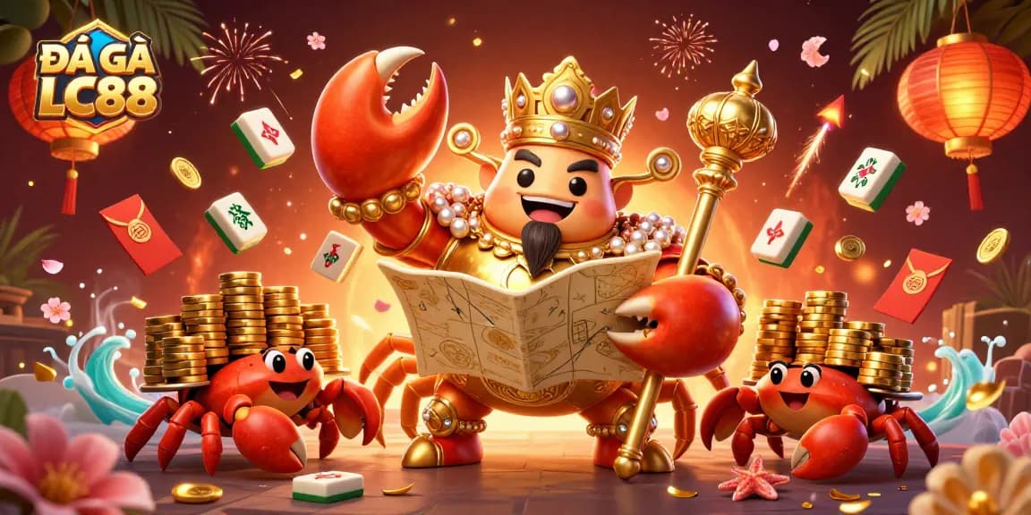 Bet on ĐÁ GÀ LC88 with an exciting 3D castle and golden crab in action, showcasing vibrant themes of online gambling.