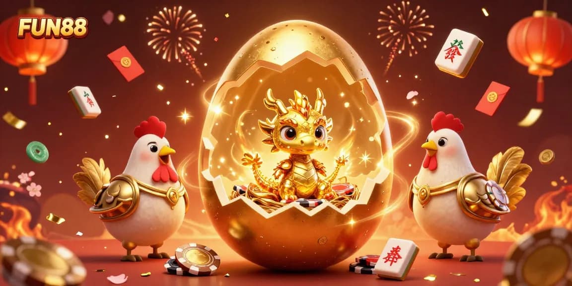 Experience thrilling gameplay at FUN88 with golden dragon and poker chips in a vibrant 3D illustration.