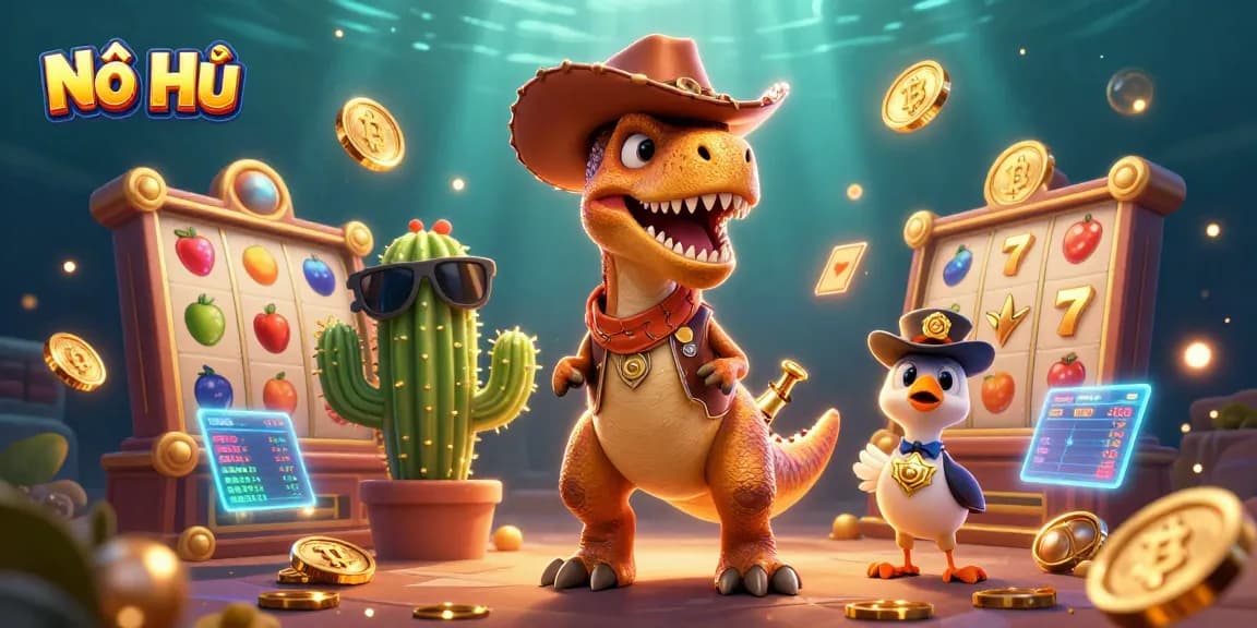 Nổ Hũ jackpot scene with a T-Rex cowboy and slot reels celebrating winnings