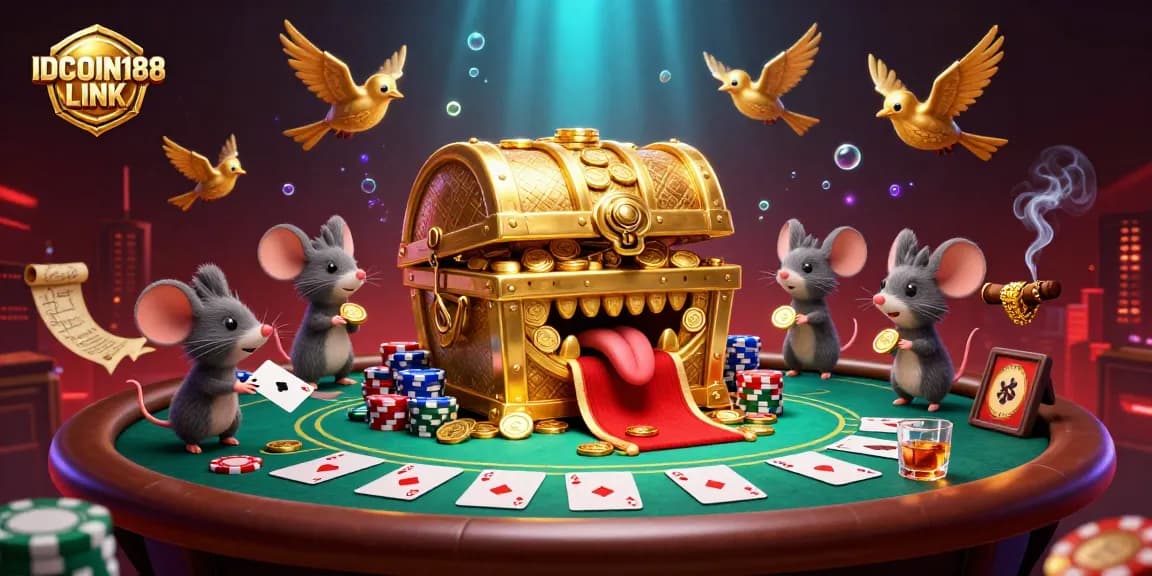 Experience adventure and wealth with IDCOIN188 LINK in a vibrant 3D casino scene featuring golden treasures.