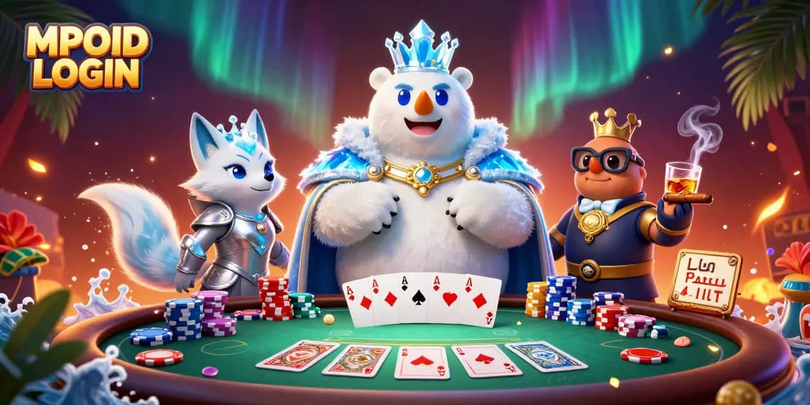 Engage with MPOID LOGIN for a thrilling poker experience featuring characters in a dynamic casino scene.