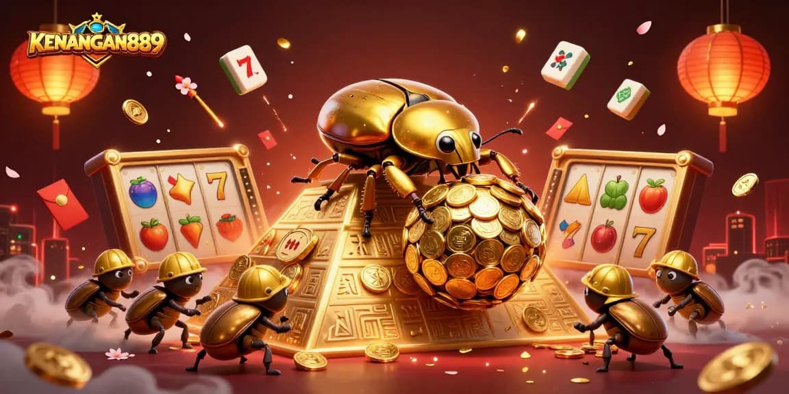 Experience exciting gameplay at KENANGAN889 with a vibrant illustration of a golden dung beetle and dynamic slot elements.