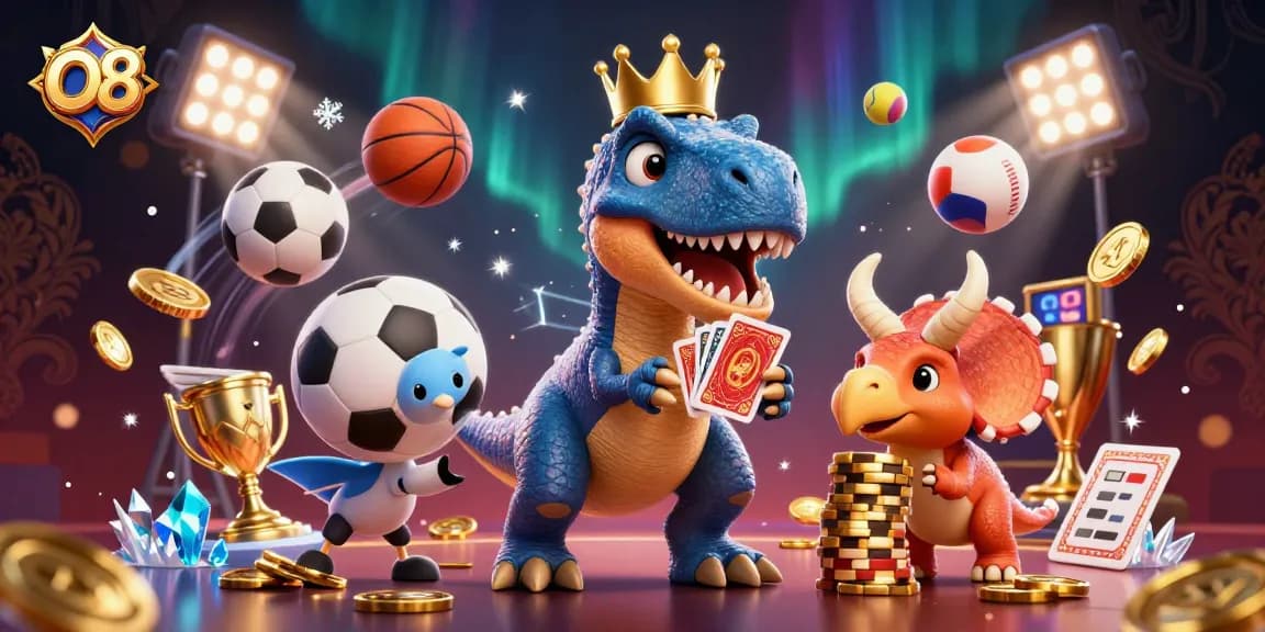 O8 invites players to enjoy an exciting casino experience with dinosaur characters calculating bets in a vibrant setting.