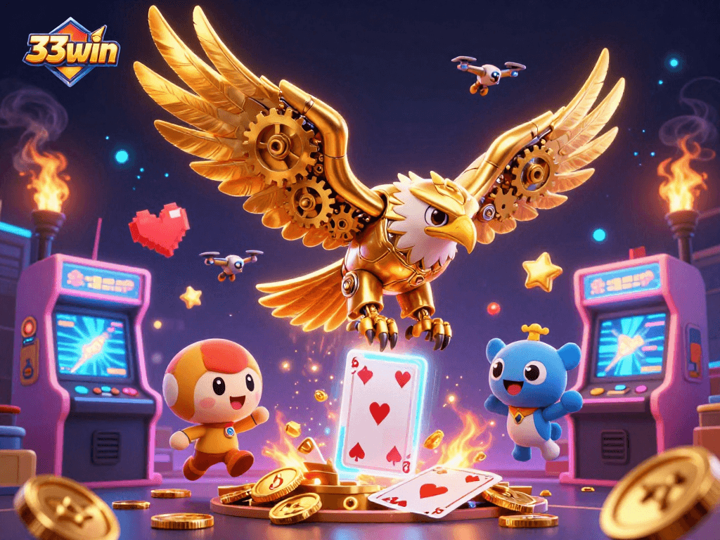 Engage with 33win's thrilling gaming universe featuring a golden eagle among holographic cards.