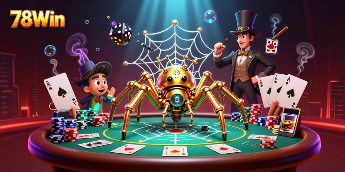 Engage with 78Win's immersive casino scene featuring a steampunk spider capturing dice!