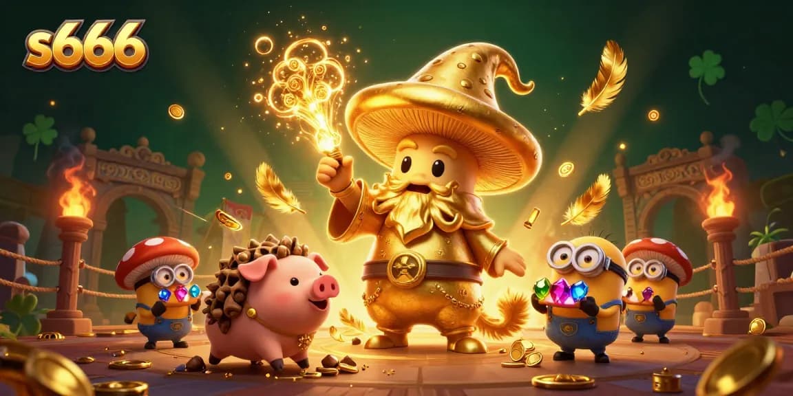 Win big with s666 at this vibrant casino scene showcasing magical treasures and energetic game elements.