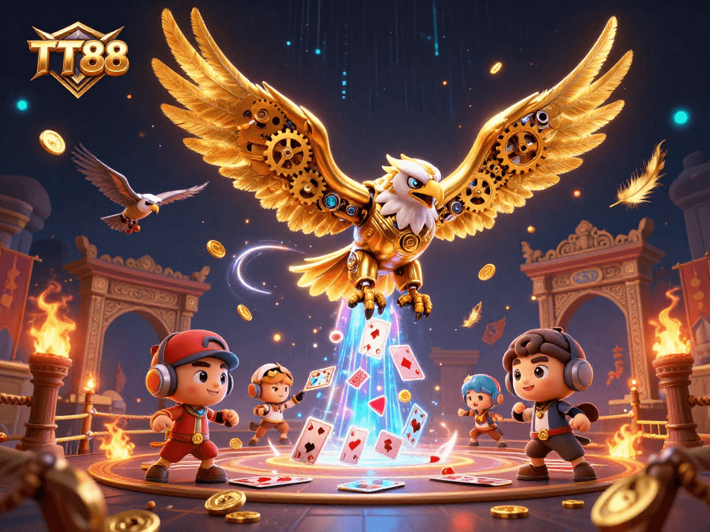 Experience the thrill of TT88 as the cybernetic eagle dives through energetic holographic cards in a vibrant casino scene.