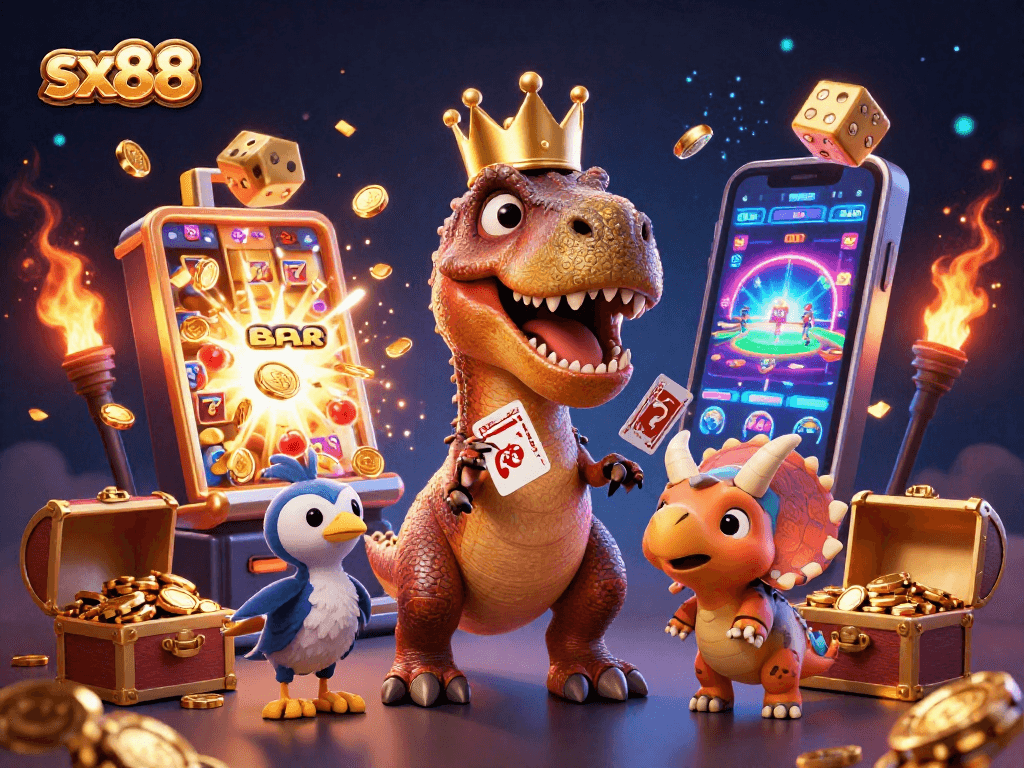 Experience thrilling gameplay at sx88 as a T-Rex plays cards with colorful casino elements around.
