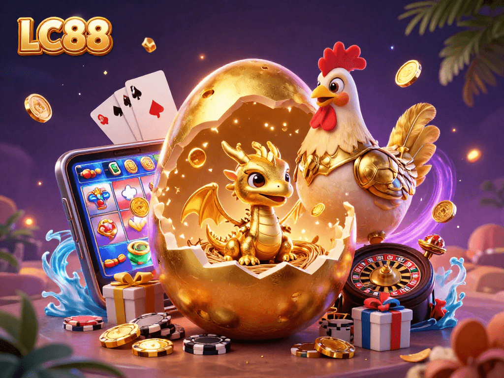 Engage with LC88's vibrant casino world featuring gold treasures and dynamic gaming elements.