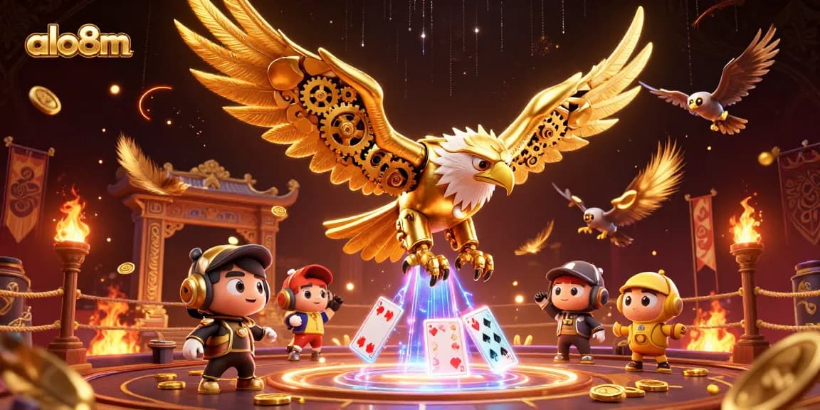 Engage in thrilling gameplay with alo8m, featuring a dynamic 3D cybernetic eagle amidst holographic casino elements.