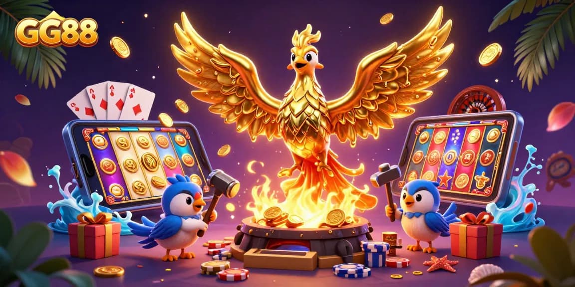 Engage with the thrilling world of GG88, showcasing a fiery phoenix and dynamic casino elements.