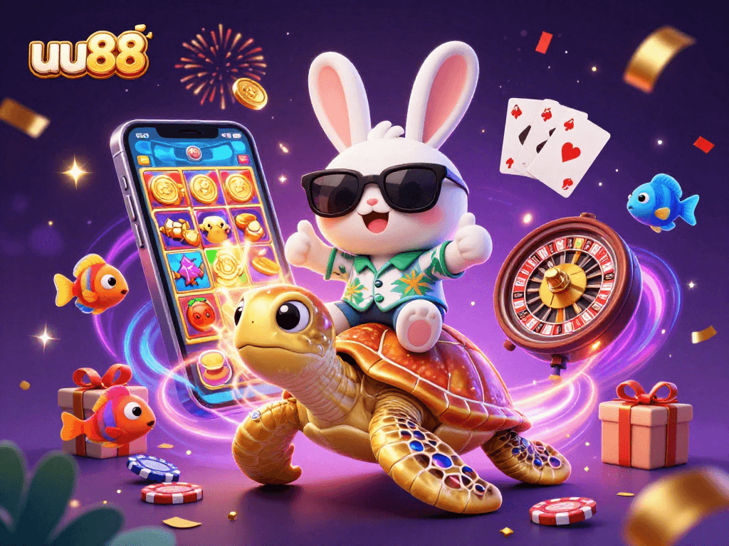 Win big with uu88 as a lucky rabbit rides a golden turtle among dynamic casino elements!