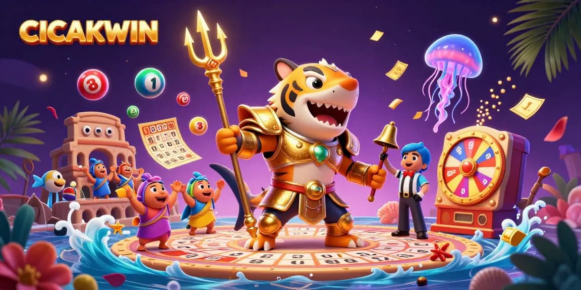 CICAKWIN promotes vibrant underwater gaming action with a tiger shark character, colorful lottery elements, and dynamic visuals.
