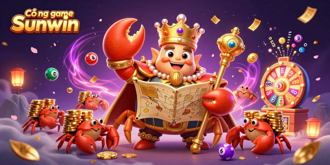 Cổng game Sunwin showcases gambling excitement with a golden crab emperor amidst colorful balls and vibrant prizes.
