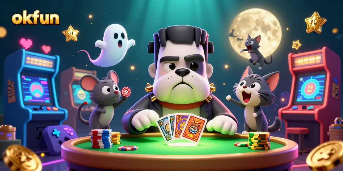 Play exciting games at okfun with a lively casino scene featuring unique characters and vibrant elements.