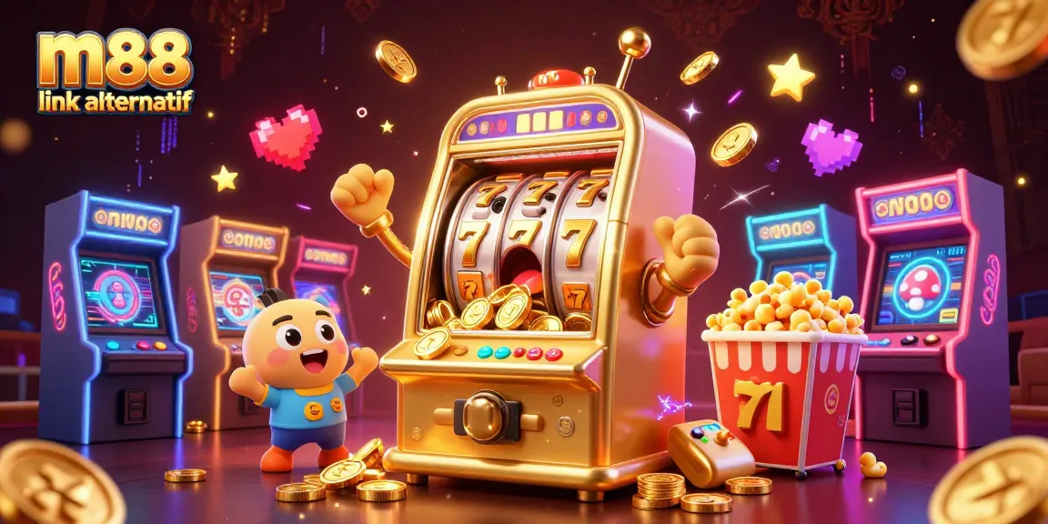 Experience the excitement of winning with M88 link alternatif as cartoon slot machines celebrate a jackpot.