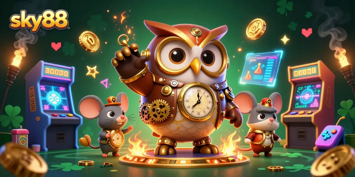 Engage in thrilling gameplay at sky88 with a vibrant scene of a time-traveling owl and a clockwork mouse.
