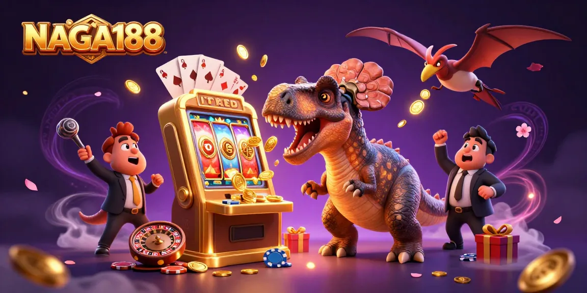 NAGA188 menghadirkan suasana kasino dengan dinosaurus bermain slot dan manajer mengelola jackpot yang melimpah.